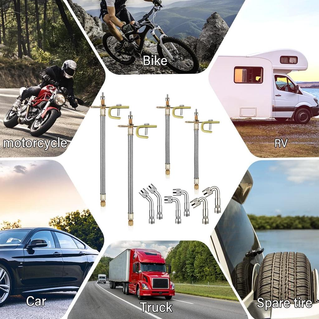 10 Pieces Stainless Steel Dually Valve Stem Extension, Includes 4 Pieces Dual Tire Valve Extension 6 Pieces Valve Extender Adaptor for Most Cars