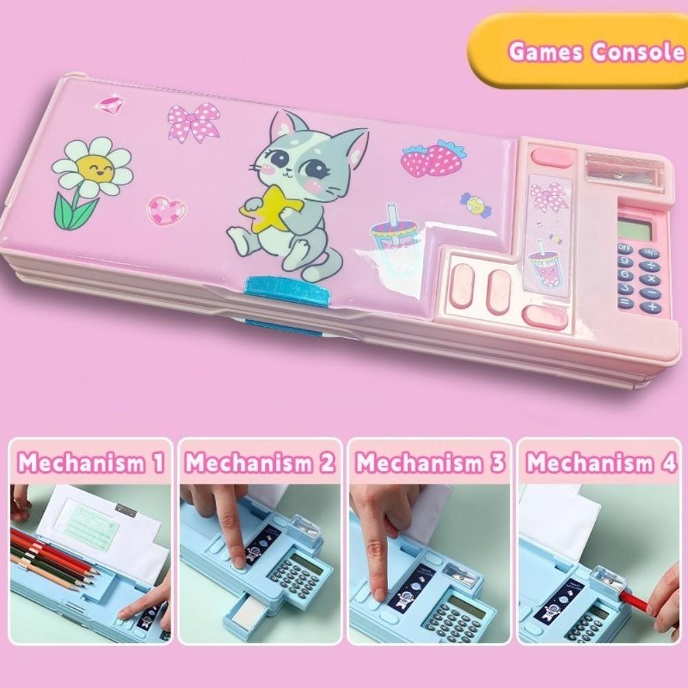 Double Layer Pencil Case With Calculator Pencil Sharpener Stationery Storage Box Plastic Astronaut/Animal Design