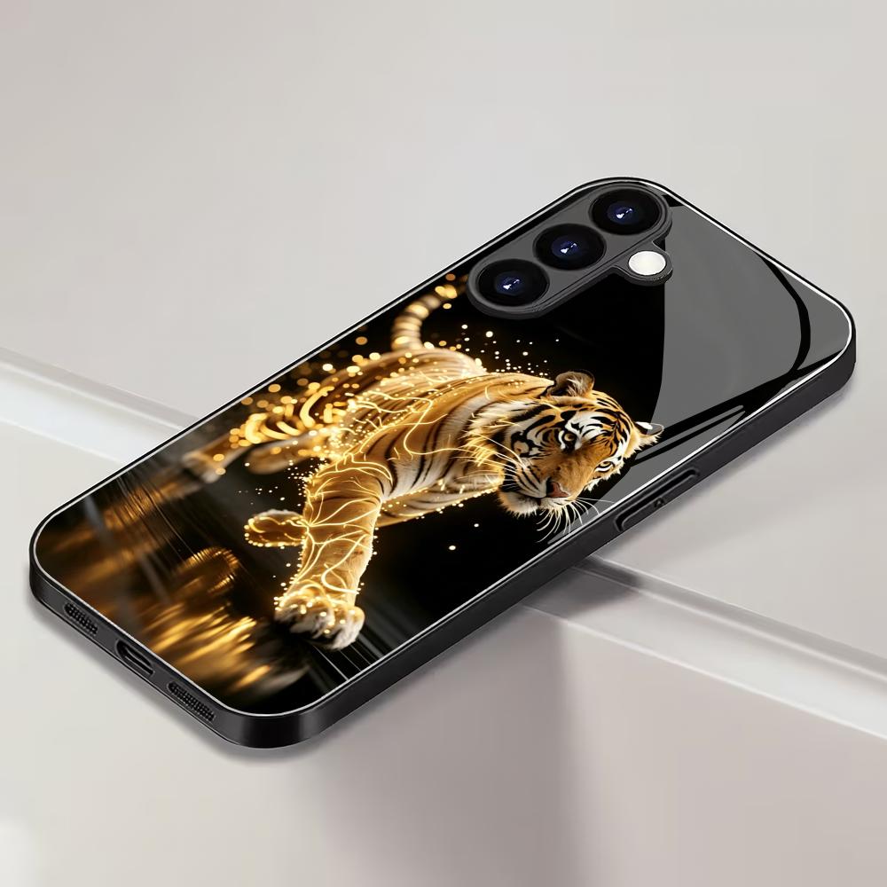 Golden Tiger Tempered Glass Phone Case Suitable for Samsung Galaxy S26 S25 S24 S23 S22 S20 FE/Ultra/Plus Anti Drop Back Cover
