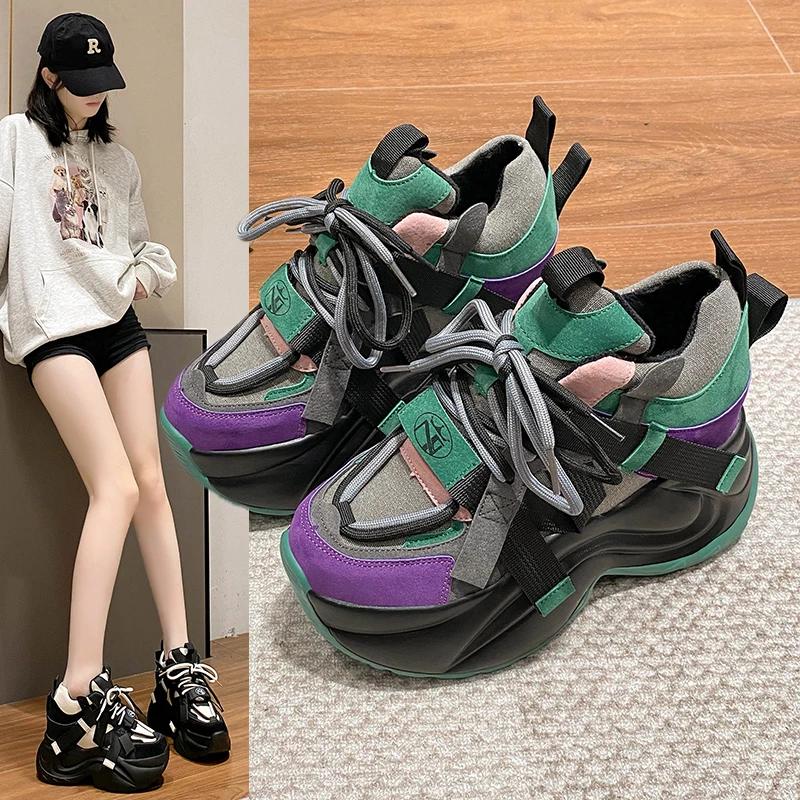 Fashion Autumn Winter Chunky Sneakers Women Lace Up Platform Sports Shoes Woman Goth 11CM Thick Bottom High Heels Female Wedges Sneakers