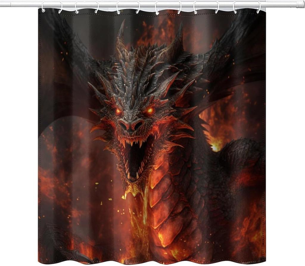 Cartoon Retro Dragon Shower Curtain Medieval Castle Shower Curtain, Fantasy Magic Dragon Retro Pattern Printed Boys Girls Teen