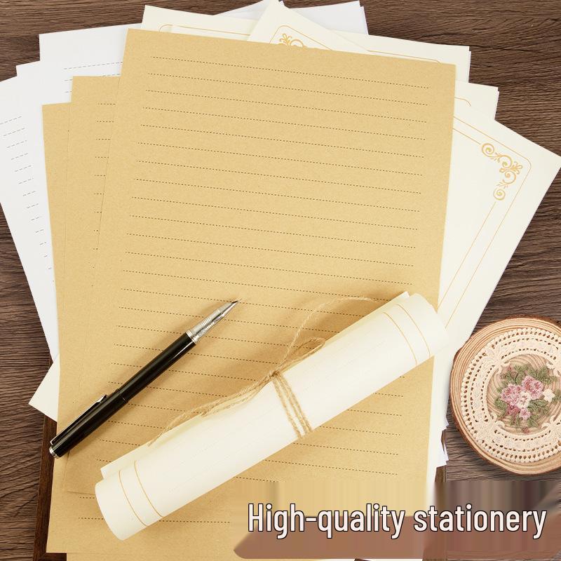 Retro Lined A4 Kraft Paper - Handwritten Love Letter for Boyfriend/Girlfriend - Chinese Style with Single Rose Design