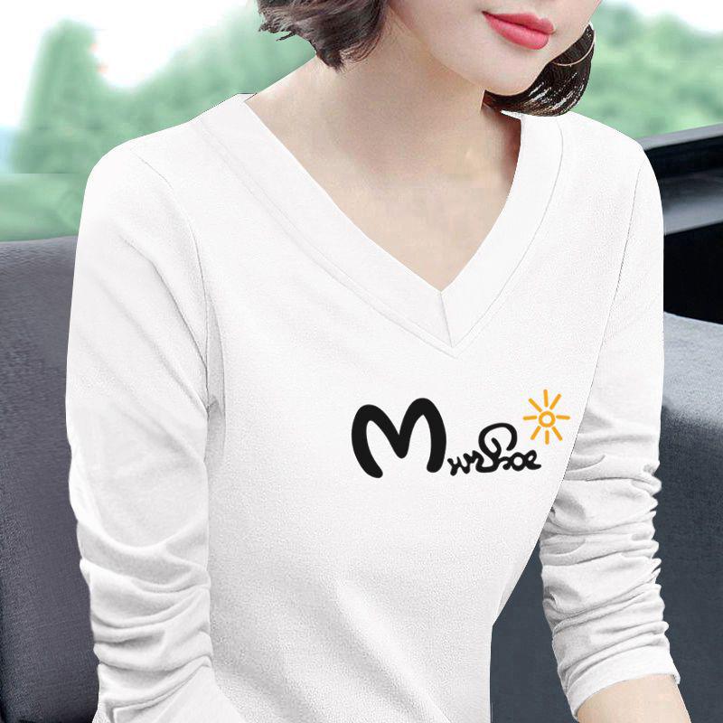 

Женская футболка с V-образным вырезом из 100% чистого хлопка, свободного кроя, с длинным рукавом, в корейском стиле, с повседневным принтом букв, универсальная базовая футболка для весны/осени. XL