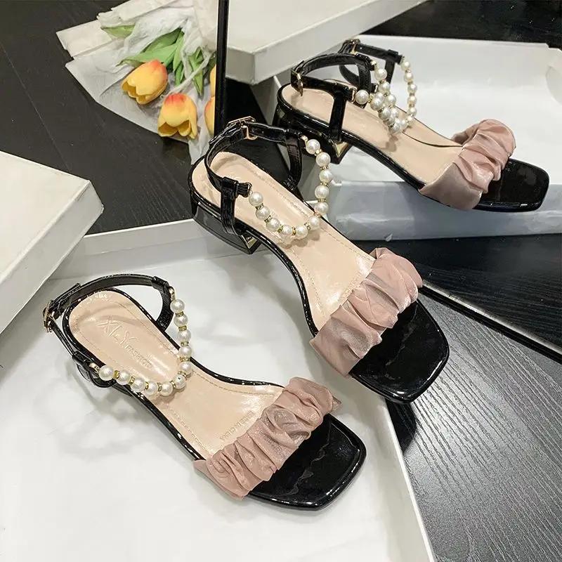 Fashion Footwear One Word with Low Heels Block Heel White Sandals for Woman Summer 2024 Pearl Roman Style Medium Buckles Women's Shoes F