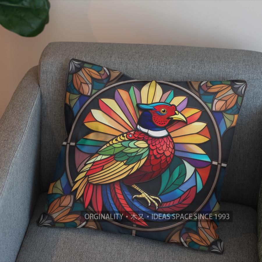 2D Stained Glass Style Pheasant-Patterned Pillow Cover Pattern Cushion Cover Suitable For Sofa Bedroom Car Pillow Cover