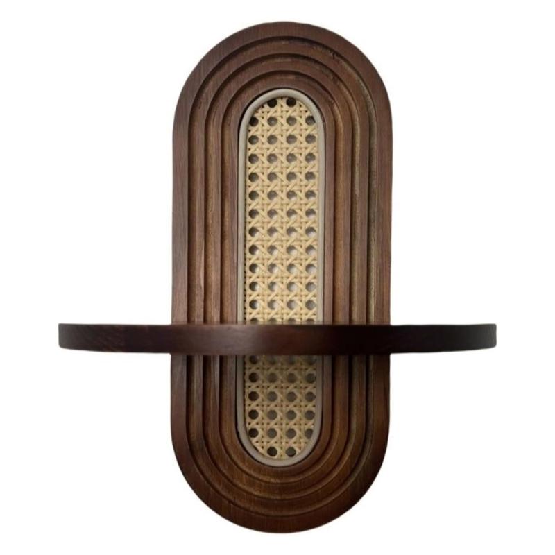 Modern Rattan Floating Shelf With Wooden Arched Design For Wall Decors Indoor Plant Photos Display Stand Home Decoration