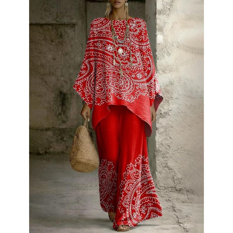 European and American retro bohemian suit exotic 1D printed loose top wide-leg pants temperament casual two-piece set