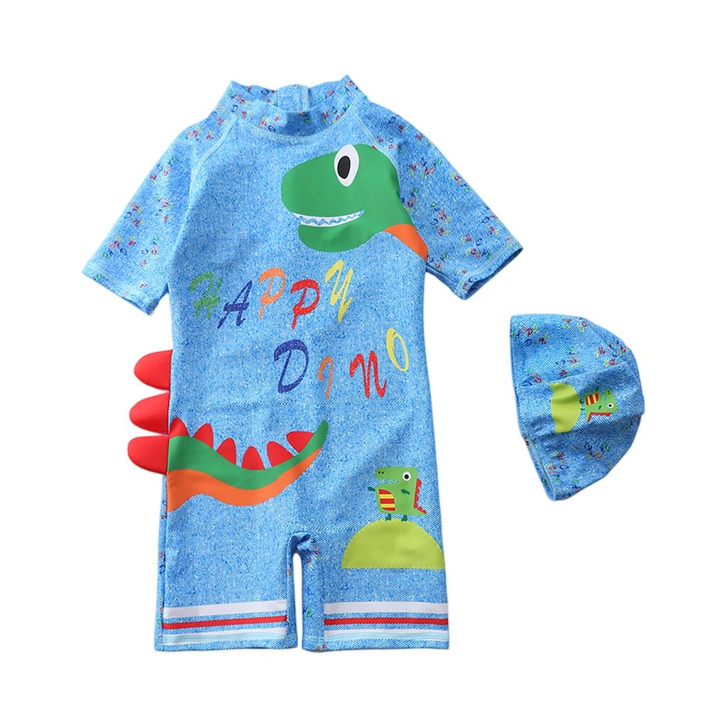 Boys Short Sleeve Hooded One-Piece Swimsuit Cartoon Dinosaur Print Beach Swimwear Summer Kids Swim Shirt with Matching Swim Cap