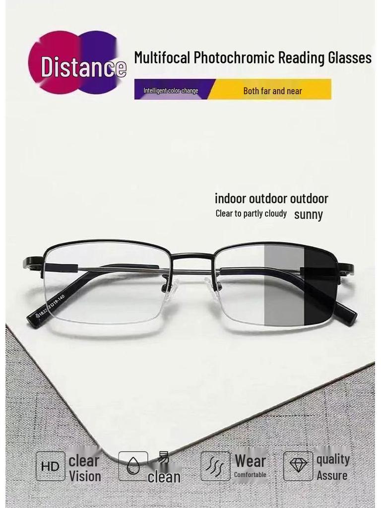 Color-Changing Bifocal Progressive Reading Glasses with Intelligent Zoom, Titanium Memory Frame, and Anti-Blue Light Protection
