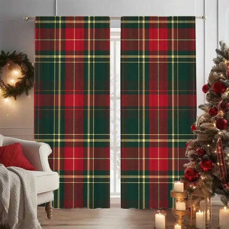 Set Of 2 Plaid Curtain Polyester Xmas Window Decor Home Classic Curtains Room Darkening Made