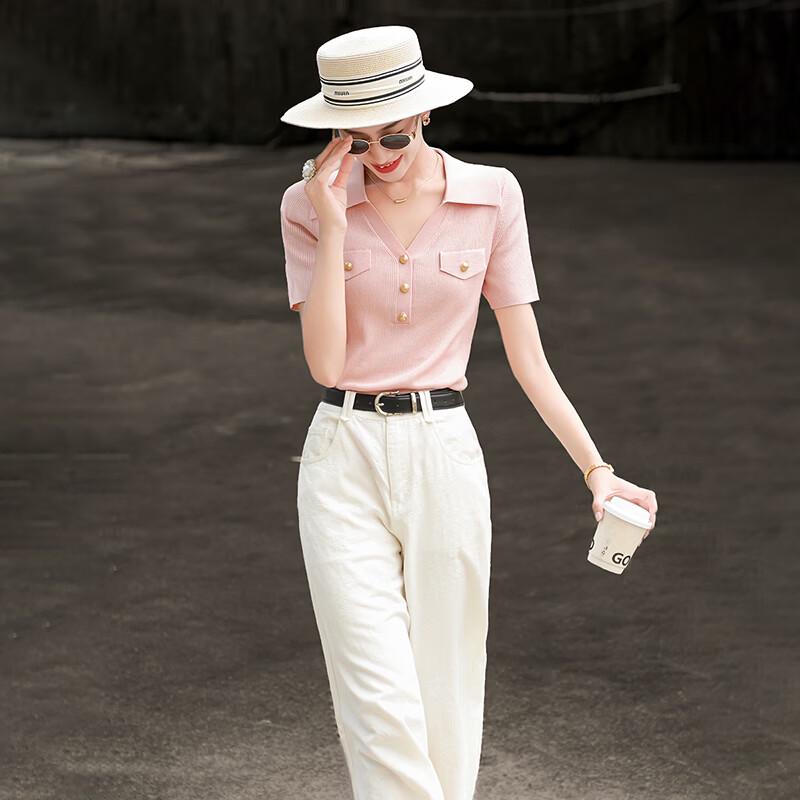 Damen Sommer POLO-Kragen Strick Kurzarm Top