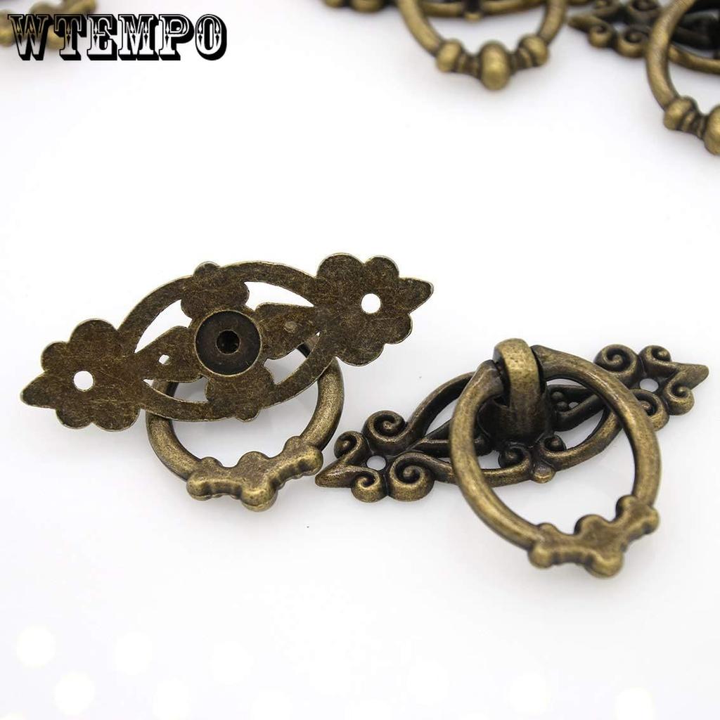 10pcs Vintage Distressed Antique Brass Finish Ring Pulls Handles for Cabinet Cupboard Drawer Dresser, Length 2.5-in (6.5 Cm) and Width 1.8-in (4.7 Cm)