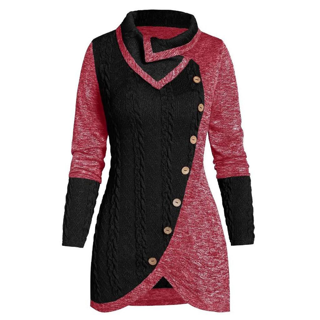 Women O-Neck Long Sleeve Solid Botton Pachwork Asymmetric Tops Sweater