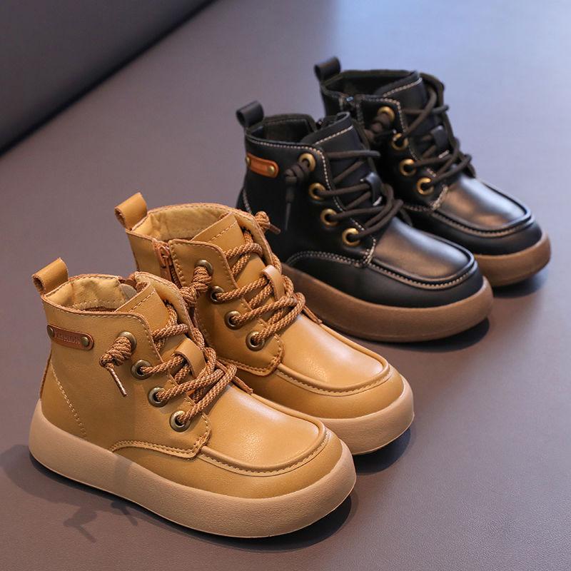Boys' Martin boots 2025 autumn/winter new British-style booties with fleece and thickened cotton shoes, children's leather boots