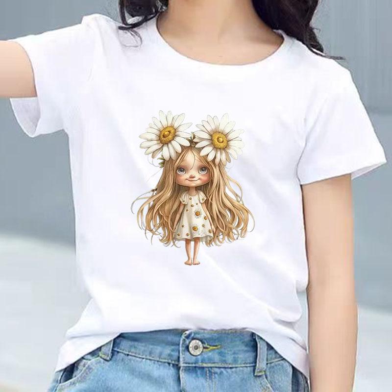 Kids Cotton T Shirt White Daisy Girl Print Crew Neck Short Sleeve Tee Casual Breathable Boys Girls Summer Tops
