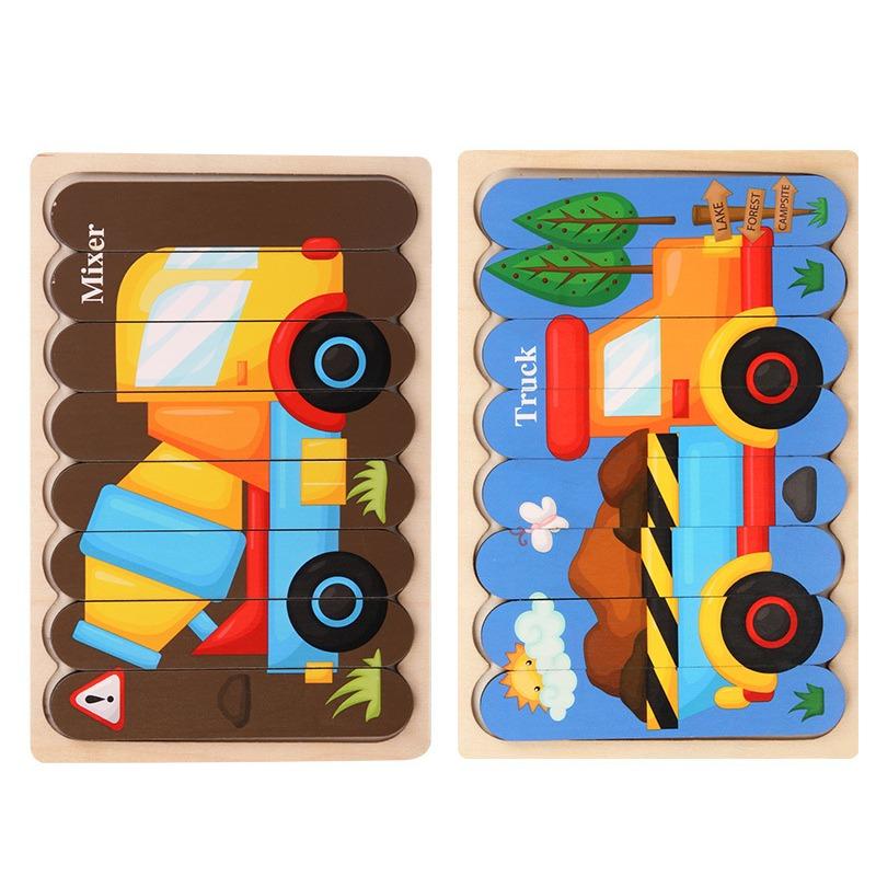 Kids New Wooden Two-sided Strip 3D Puzzles Wood Vehicle Fruit Jigsaw Puzzle Toy for Children Baby Learning Educational Toys Gift