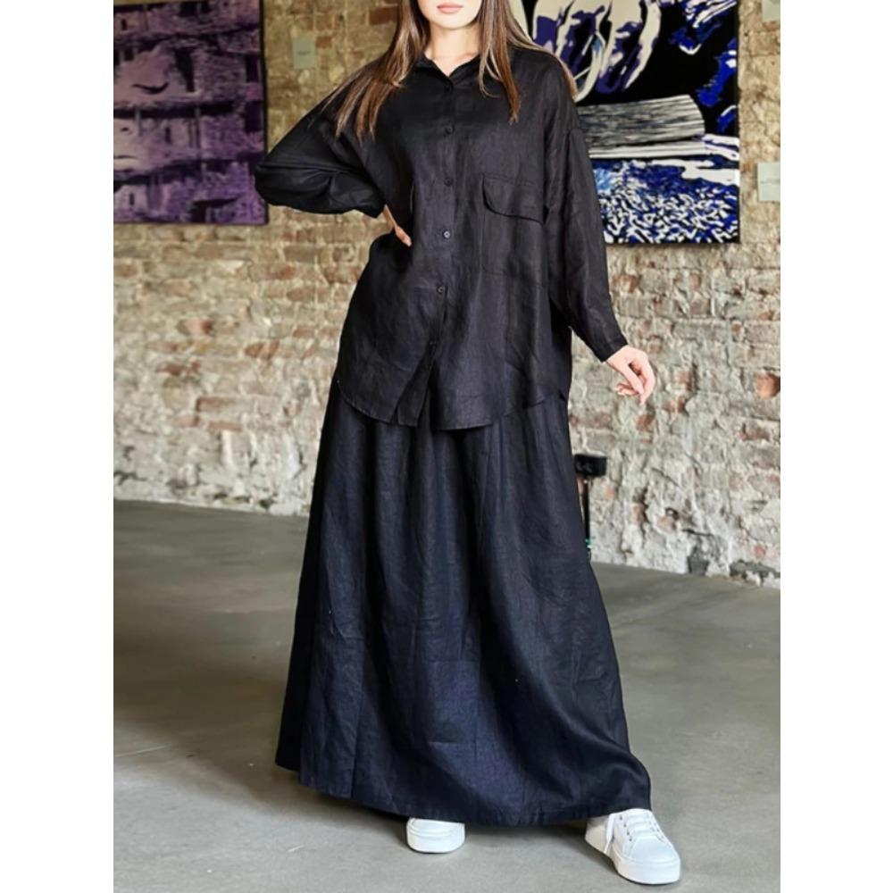 Spring and Autumn New Style Women's Retro Large-sized Lapel Long-sleeved Shirt and Skirt Casual Two-piece Set