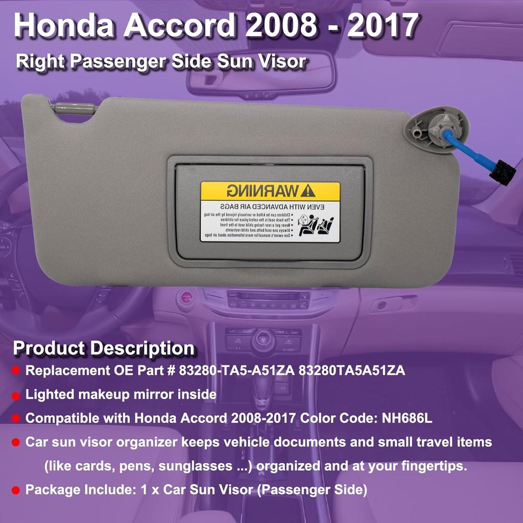 NHILES Passenger Right Sun Visor Compatible With Honda Accord 2008 2009 2010 2011 2012 2013 2014 2015 2016 2017 With Light Replaces # 83230TA0A91ZA