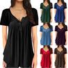 Women Multicolor V Neck Button Decor Short Sleeve Pleated Loose Tunic Blouse