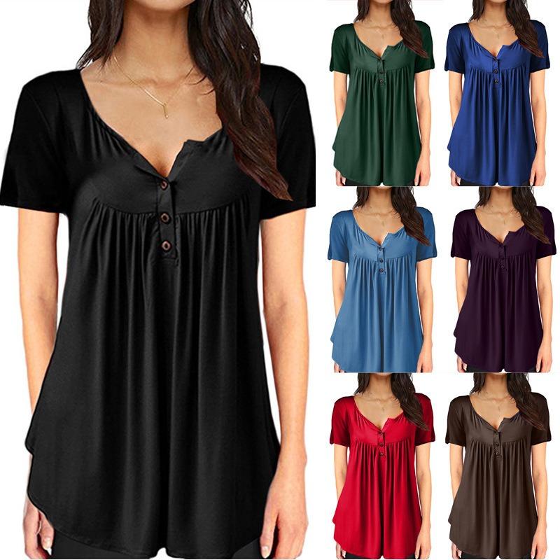 Women Multicolor V Neck Button Decor Short Sleeve Pleated Loose Tunic Blouse