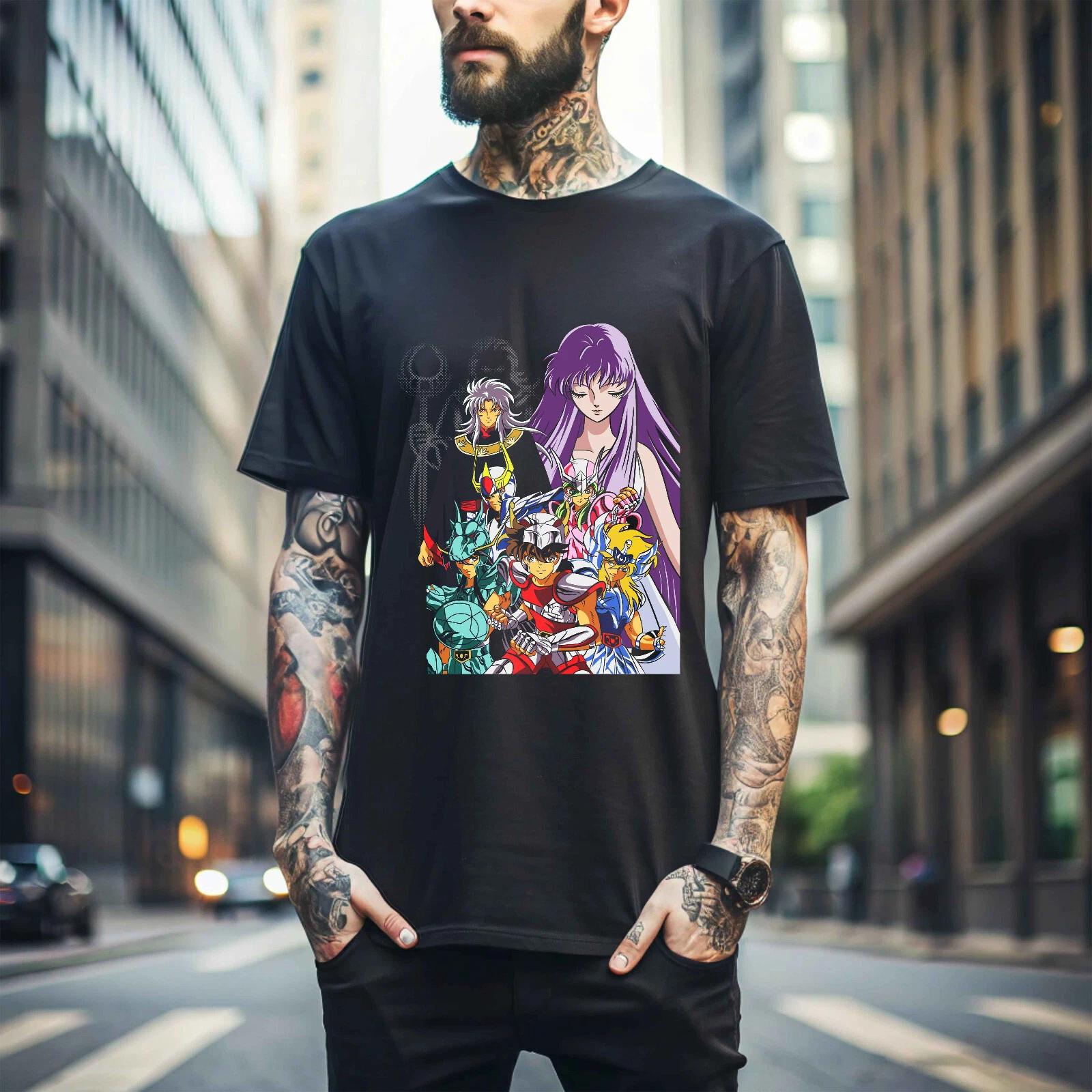 

100% cotton TOPS UNISEX TEES MENS WOMENS Saint Seiya T-shirt knights Of the Zodiac Hyoga Ikki Anime Shun Shirt Size 331 L чёрный