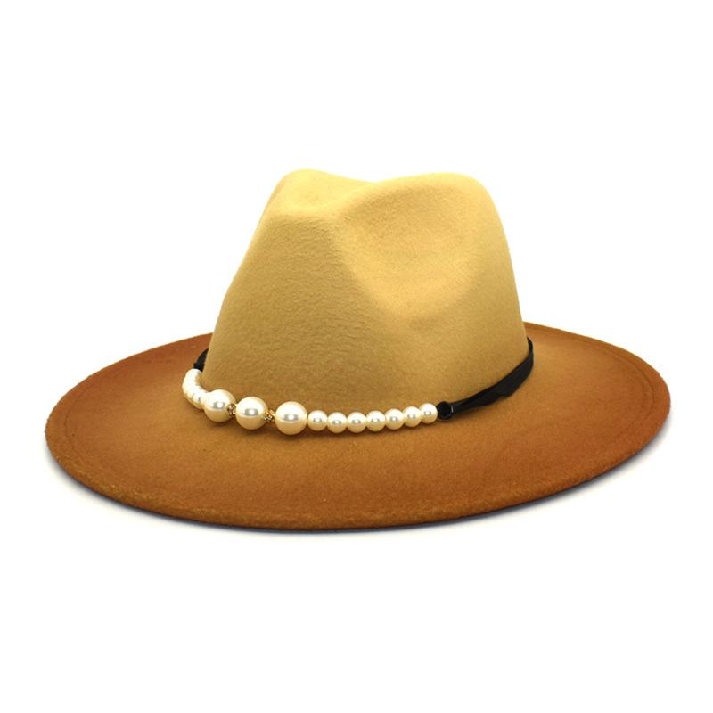 Women Men Fedora Hats Soft Wide Brim Jazz Hat Gradient Color Pearls Top Caps Autumn Church Panama Sombrero Caps Cowboy Hats