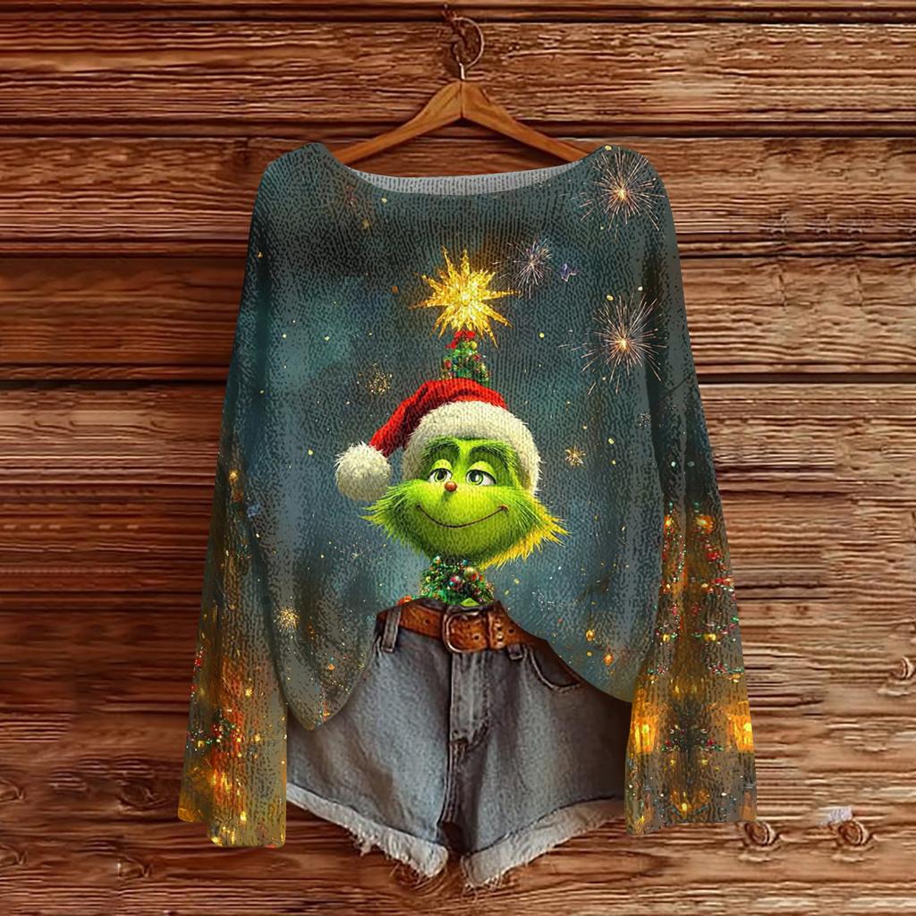 Women's Fashion Round Neck Long Sleeve Christmas Print Casual Knit Pullover Top