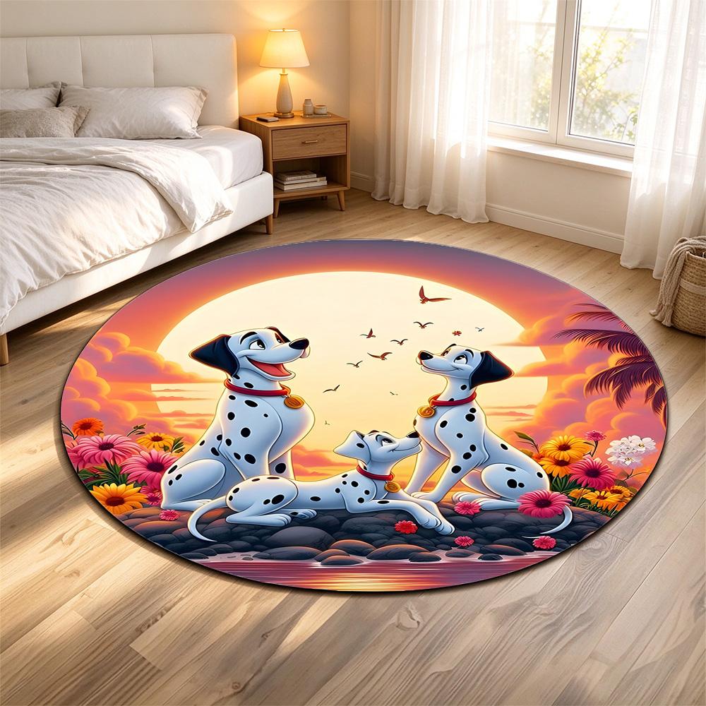 Round Rug 101 Dalmatians Three Spotted Dogs Sunset Beach Rocks Flowers Palm Movie Fan Decor