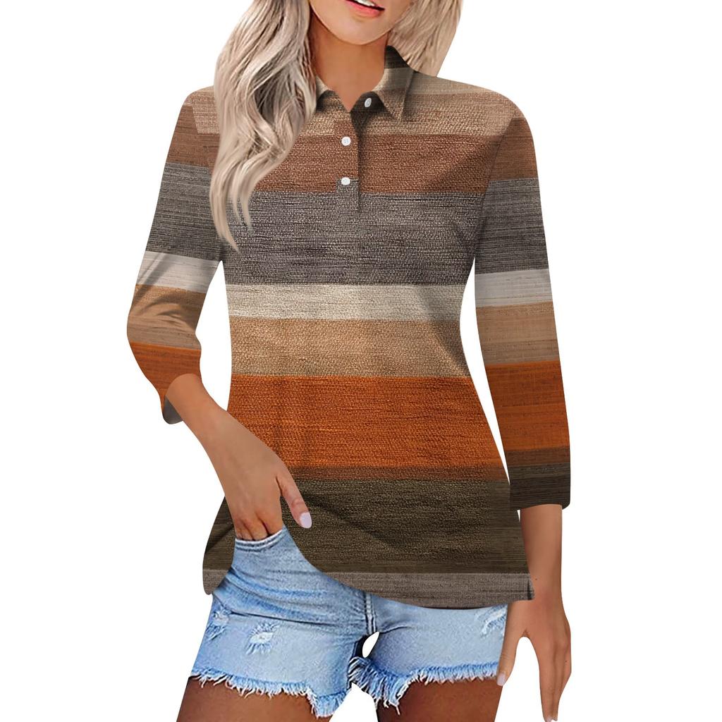 Women's Fashion Casual Lapel Short 3/4 Sleeve Print Shirt Women's Button Up Tops