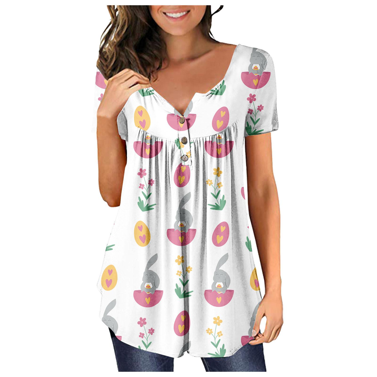 

(SU)Женская мода, свободный повседневный топ с v-образным вырезом и короткими рукавами с принтом и пуговицами