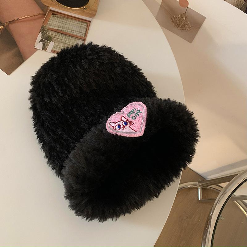 

Любовь плюшевая шапка милая красивая женщина осень и зима большой обхват головы утолщенная теплая вязаная шерстяная шапка показывает лицо маленькая шапка adult (56-58cm) чёрный