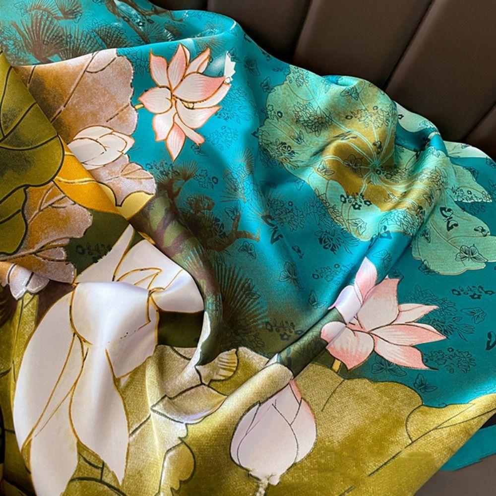 Lotus Pattern Luxury Silk Scarf Elegant Women Hijab Shawls Headkerchief Chiffon Shawl Wrap  Spring