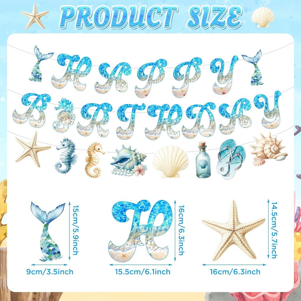 Ocean Beach Birthday Party Decorations Summer Beach Birthday Banner with 13pcs Nautical Seashell Seahorse Hanging Swirls for Coastal Beach Pool Party