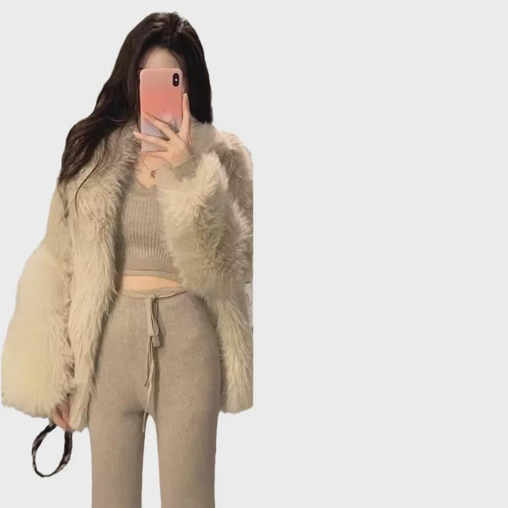 Oatmeal Latte Knit Slim Fit Two-piece Set: Autumn/Winter Trendy Outfit for Women