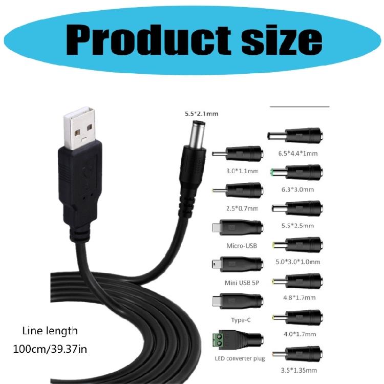Power Cable 5V USB To 5.5x2.1mm Power Cord with 13 Connectors for Router LED Light Speaker Small Household Appliances