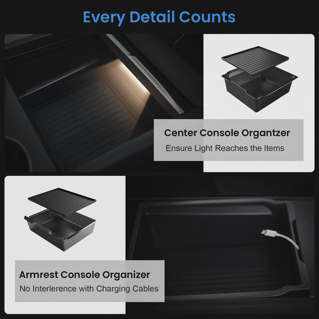 CARENTR Tesla New Model Y Juniper & Model 3 Center Console Organizer (Dual-Tier Storage, Smooth Slide) – Compatible with Model 3 (2024-2025) / New Mod