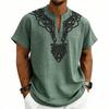Men’s Lightweight V Neck Short Sleeve Loose Fit Shirt with Linen Texture and Pattern for Casual Comfort Wear