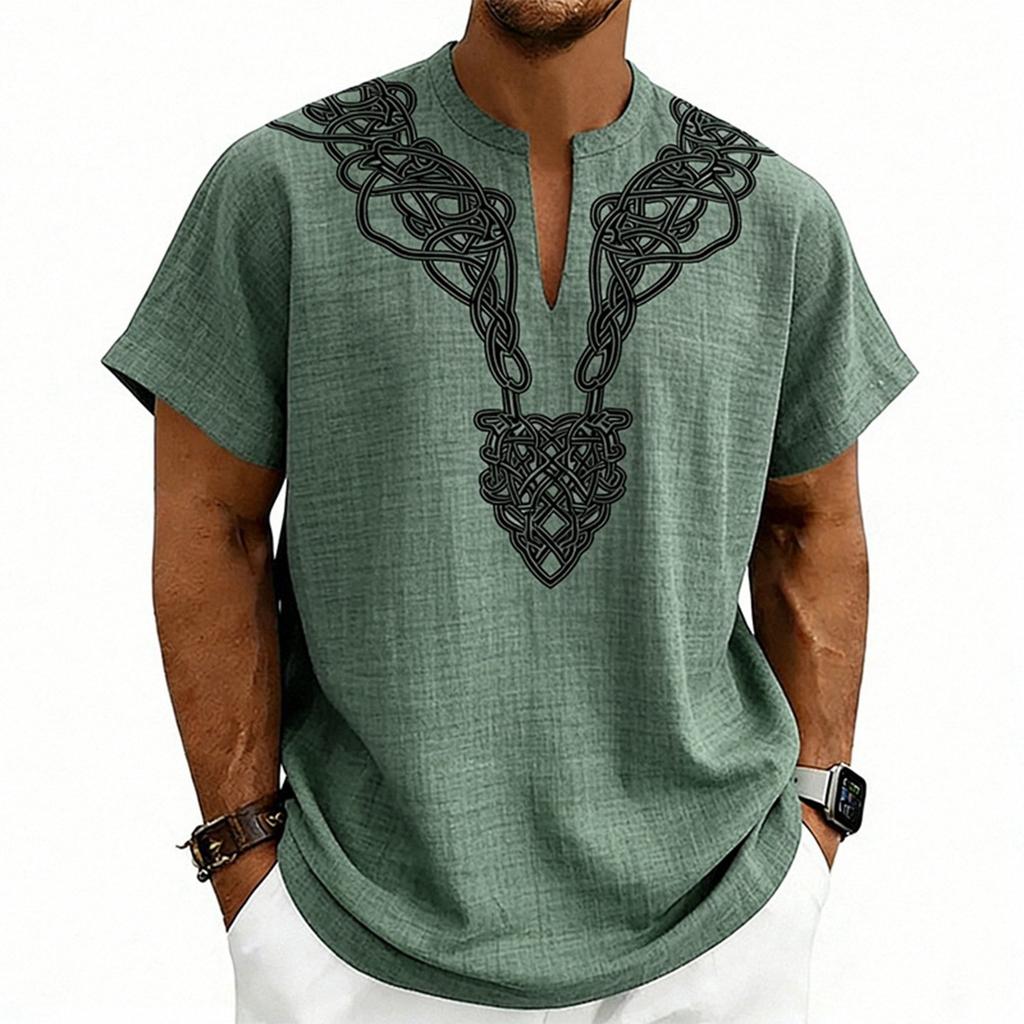 Men’s Lightweight V Neck Short Sleeve Loose Fit Shirt with Linen Texture and Pattern for Casual Comfort Wear