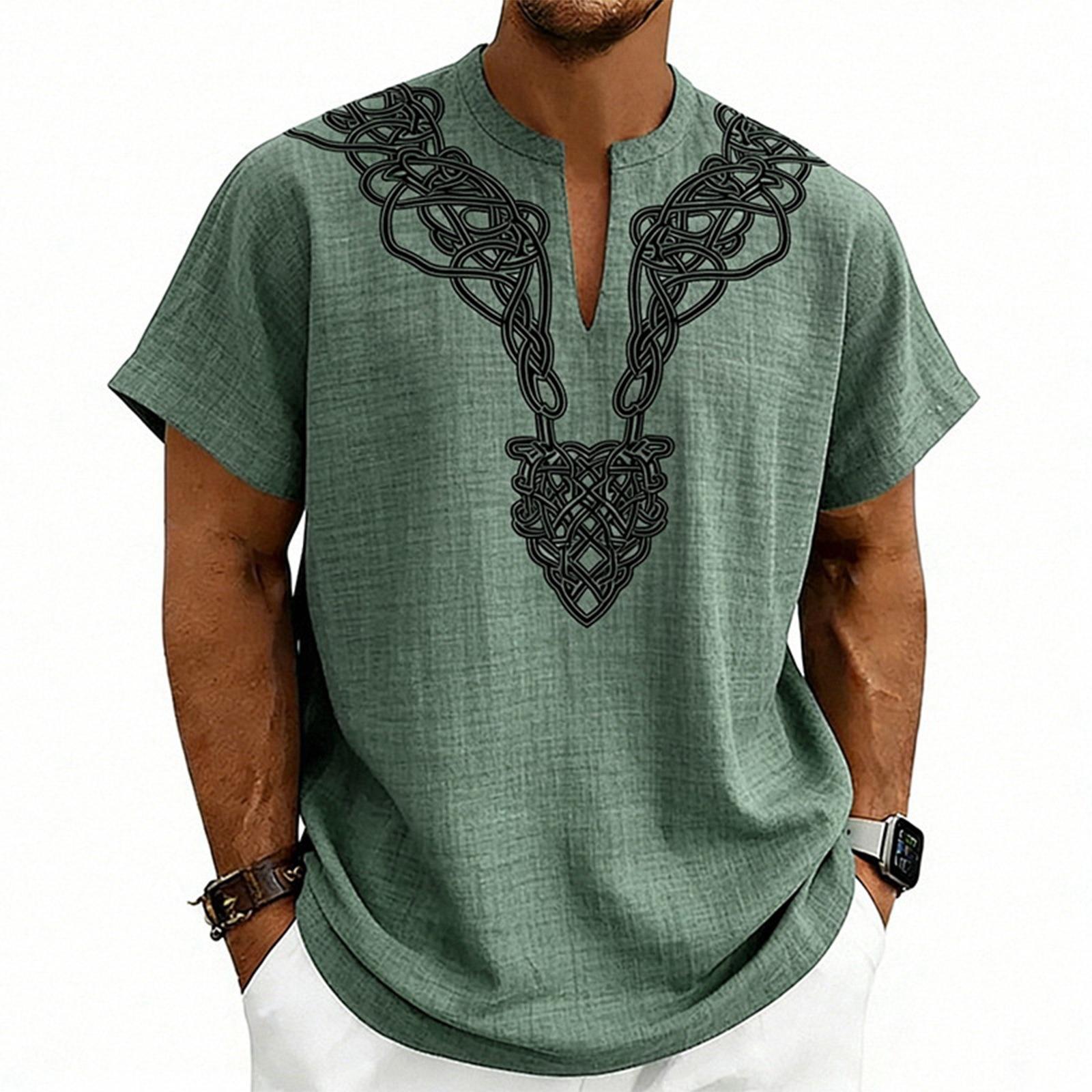 

Men’s Lightweight V Neck Short Sleeve Loose Fit Shirt with Linen Texture and Pattern for Casual Comfort Wear XXL зелений