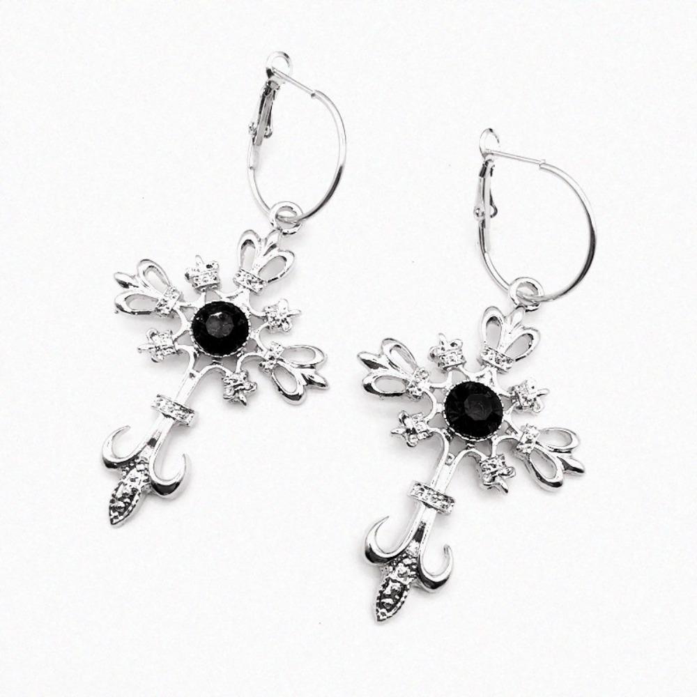 Gothic Punk Hollowed-out Cross Anchor Red Zircon Pendant Dangle Earrings for Women Personality Charm Hoop Earring Jewelry Gifts