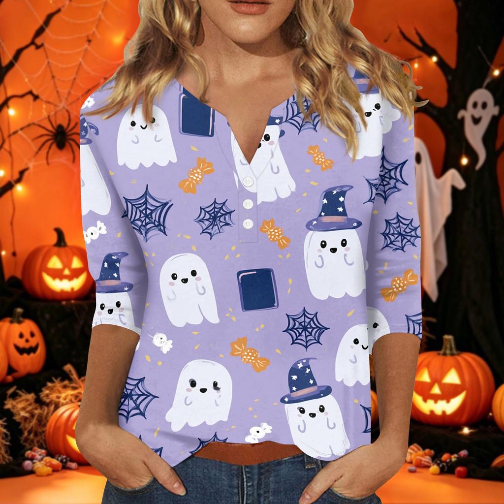 Women's Halloween Print V-Neck 3/4 Sleeve T-Shirt with Decorative Buttons Casual Top