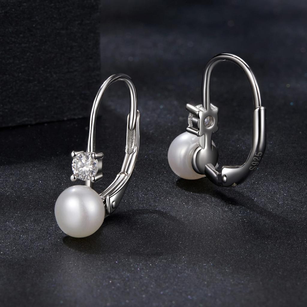 Silver Earrings with 0.1 Ct Moissanites and Pearls, English Silver 925 Hooks