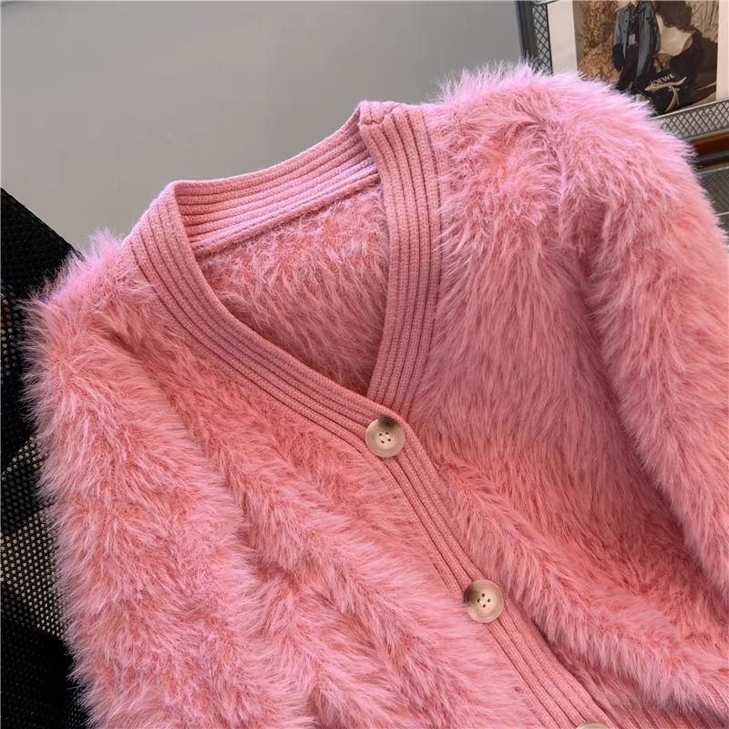 Autumn Winter Women V-neck Single Breasted Imitation Mink Fur Mohair Soft Knitted Sweater Cardigan Coat Jacket