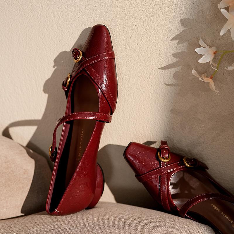 Sheepskin cross-buckle Mary Jane shoes women's square head flat bottom low heel one word with single shoes versatile temperament