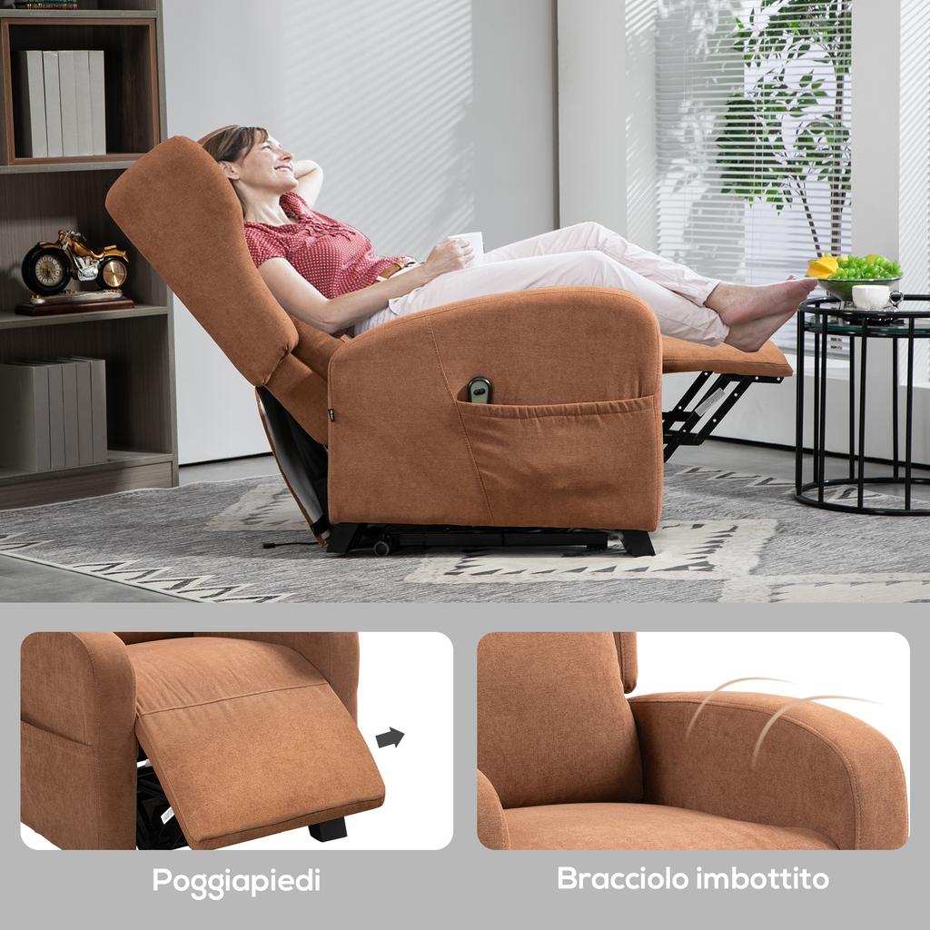 Poltrona Relax Alzapersona In Velluto Con Schienale Reclinabile A 160 degrees  Con Telecomando Marrone Scuro
