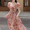 Elegant Fairy Floral Square-Neck Dress - Waist-Cinching Princess Design for Women, Perfect for Summer Tea Breaks