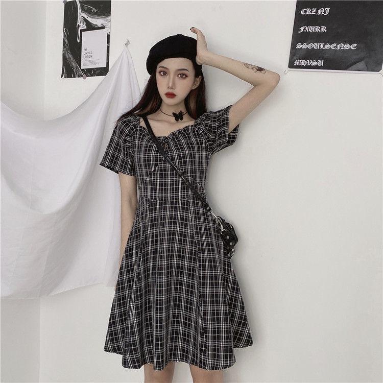 Kleider Frauen Kurzarm Schwarz Plaid Knielangen Hohe Taille A-linie Quadrat Kragen Mädchen Süße Harajuku Streetwear Sommer