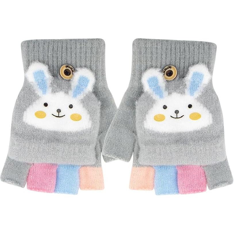 Kids Fingerless Gloves Winter Warm Convertible Flip Top Gloves Soft Knit Lining and Cute Cartoon for Kids Boy Girls Grey Rabbit