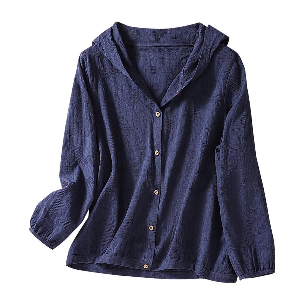 Women's Fashion Solid Color Cotton  Embroidery Loose Casual Hundred Hooded Cardigan Long Sleeve Top
