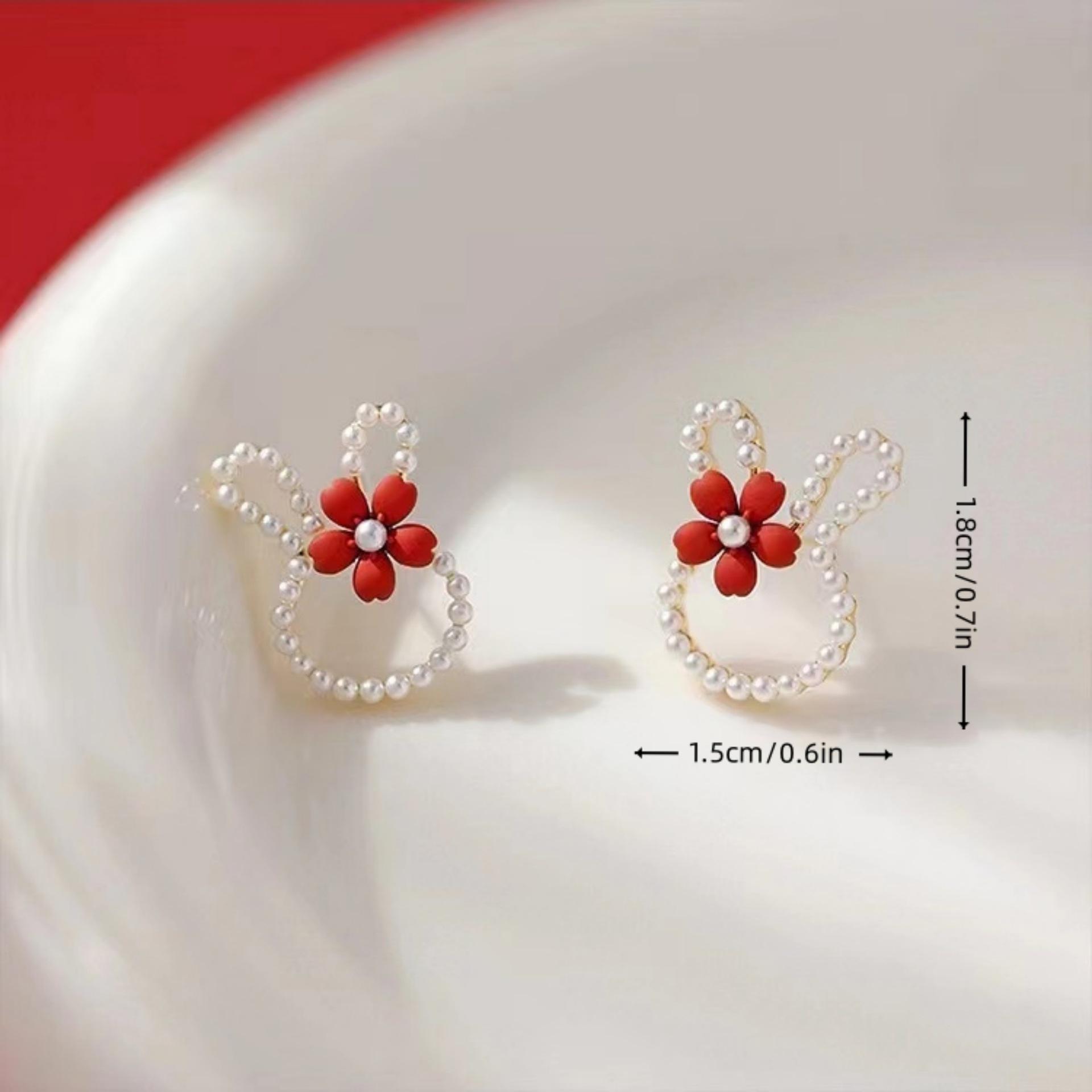 

Корейские милые серьги с цветком, кроликом и жемчугом: Милый свежий дизайн в стиле Xiaohongshu